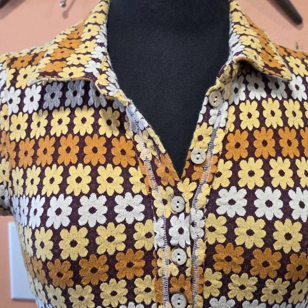 Free People Babe Town Tee Daisy Crop Polo Brown Combo Hippie Summer Girlie